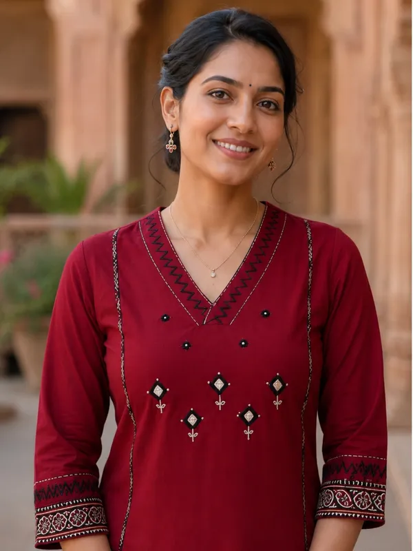 Floral_Embroidered_Pure_Cotton_V_Neck_Red_Kurta_Trouser_&_Dupatta_Set