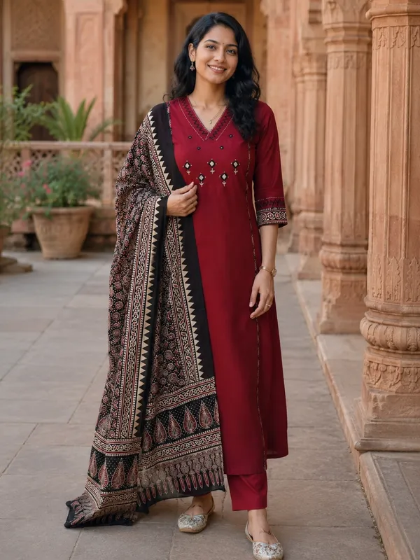 Floral_Embroidered_Pure_Cotton_V_Neck_Red_Kurta_Trouser_&_Dupatta_Set