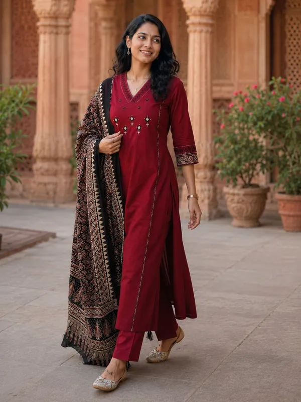 Floral_Embroidered_Pure_Cotton_V_Neck_Red_Kurta_Trouser_&_Dupatta_Set