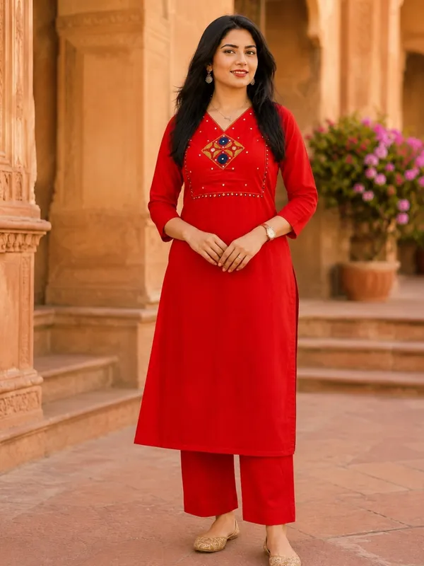 Floral_Embroidered_Pure_Cotton_V_Neck_Red_Kurta_Trouser_&_Dupatta_Set