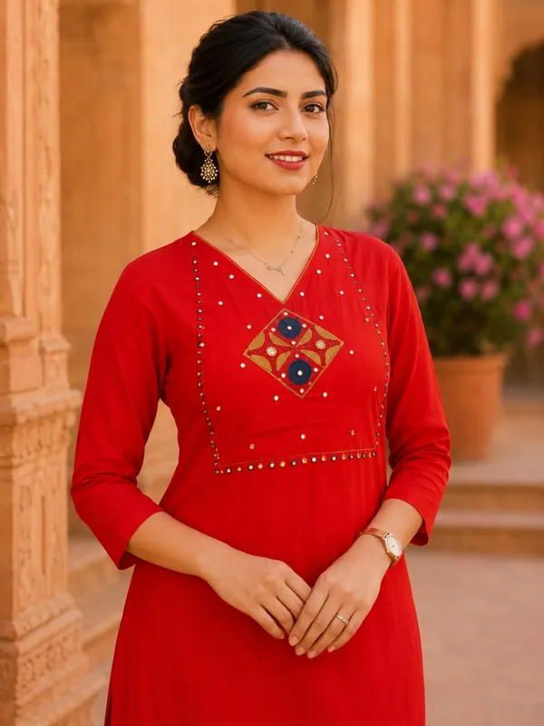 Floral_Embroidered_Pure_Cotton_V_Neck_Red_Kurta_Trouser_&_Dupatta_Set