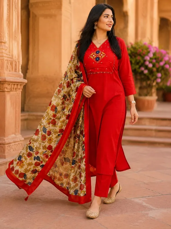 Floral_Embroidered_Pure_Cotton_V_Neck_Red_Kurta_Trouser_&_Dupatta_Set