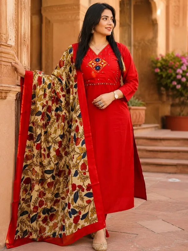 Floral_Embroidered_Pure_Cotton_V_Neck_Red_Kurta_Trouser_&_Dupatta_Set