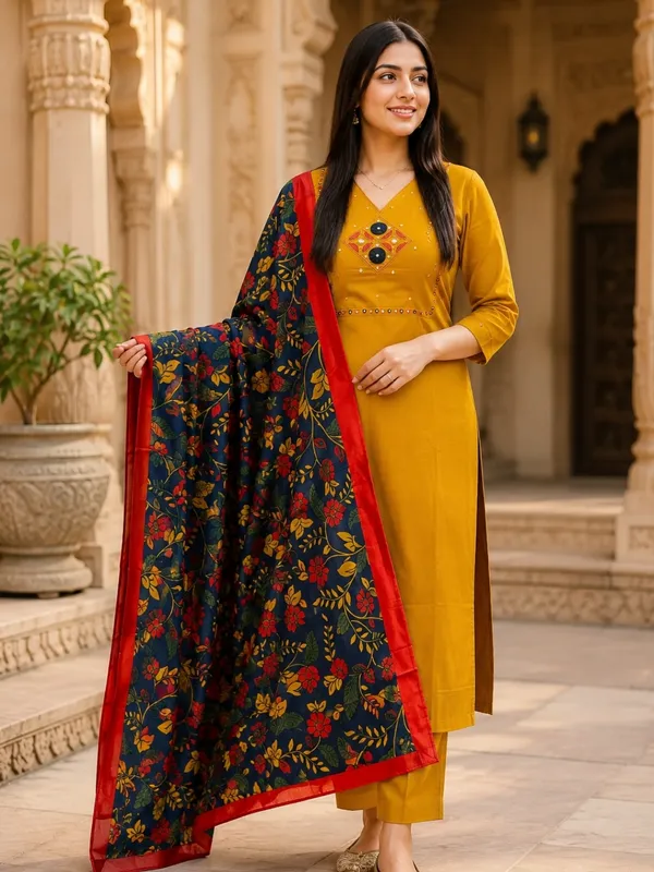 Floral_Embroidered_Pure_Cotton_V_Neck_Yellow_Kurta_Trouser_&_Dupatta_Set