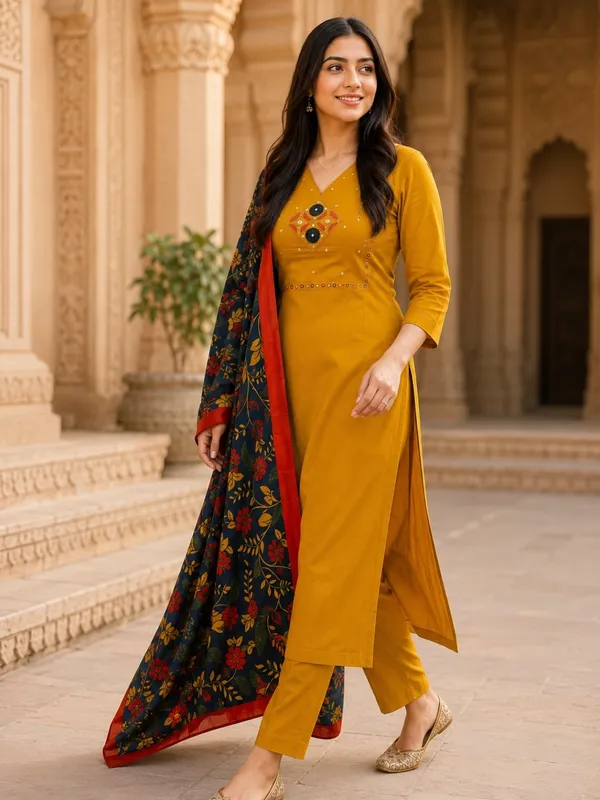 Floral_Embroidered_Pure_Cotton_V_Neck_Yellow_Kurta_Trouser_&_Dupatta_Set