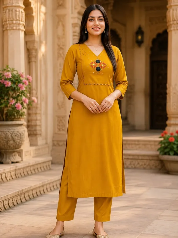 Floral_Embroidered_Pure_Cotton_V_Neck_Yellow_Kurta_Trouser_&_Dupatta_Set