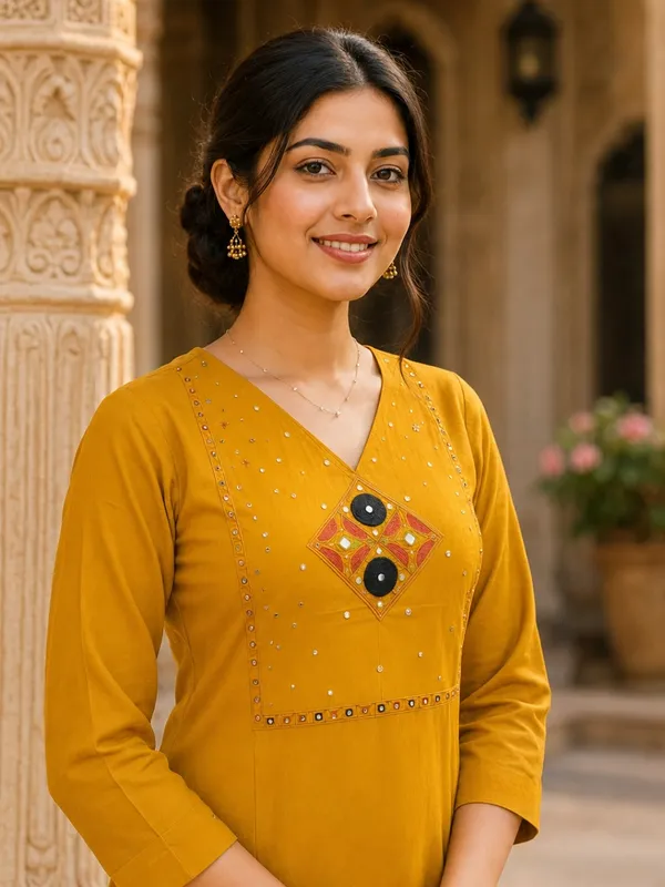 Floral_Embroidered_Pure_Cotton_V_Neck_Yellow_Kurta_Trouser_&_Dupatta_Set