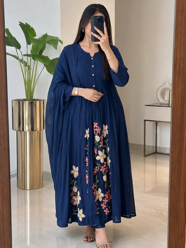 Floral_Embroidered_Pure_Cotton_Round_Neck_Blue_Kurta_Trouser_&_Dupatta_Set