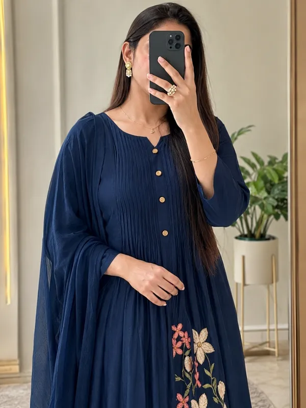 Floral_Embroidered_Pure_Cotton_Round_Neck_Blue_Kurta_Trouser_&_Dupatta_Set