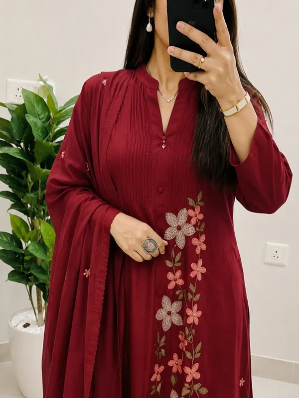Floral_Embroidered_Pure_Cotton_Round_Neck_Red_Kurta_Trouser_&_Dupatta_Set