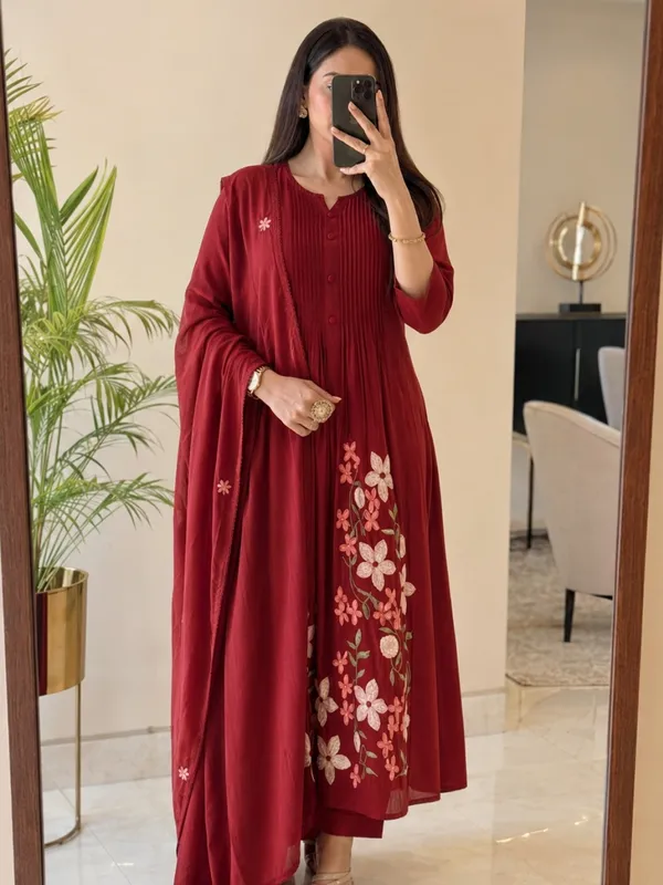 Floral_Embroidered_Pure_Cotton_Round_Neck_Red_Kurta_Trouser_&_Dupatta_Set