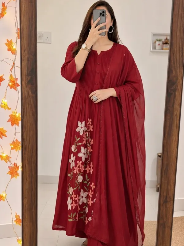 Floral_Embroidered_Pure_Cotton_Round_Neck_Red_Kurta_Trouser_&_Dupatta_Set