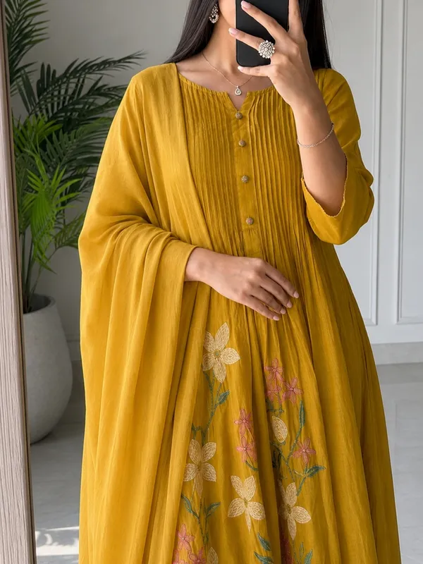 Floral_Embroidered_Pure_Cotton_Round_Neck_Yellow_Kurta_Trouser_&_Dupatta_Set