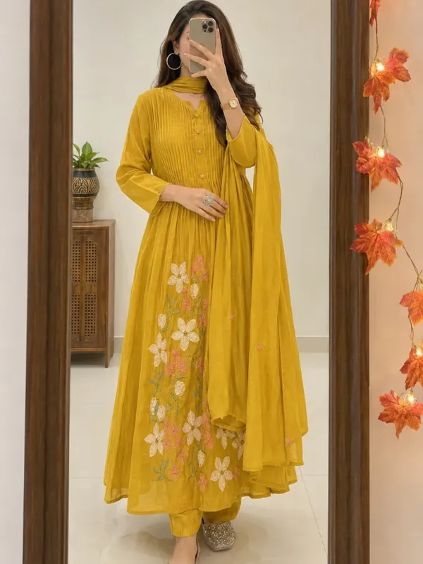 Floral_Embroidered_Pure_Cotton_Round_Neck_Yellow_Kurta_Trouser_&_Dupatta_Set