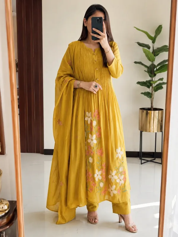 Floral_Embroidered_Pure_Cotton_Round_Neck_Yellow_Kurta_Trouser_&_Dupatta_Set