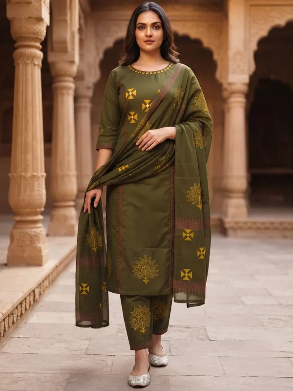 Floral_Embroidered_Pure_Cotton_Round_Neck_Green_Kurta_Trouser_&_Dupatta_Set