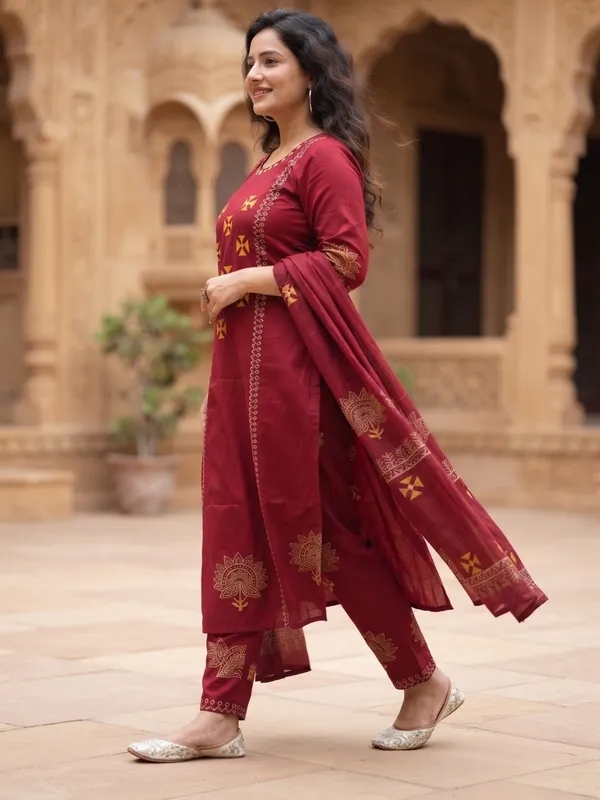 Floral_Embroidered_Pure_Cotton_Round_Neck_Red_Kurta_Trouser_&_Dupatta_Set