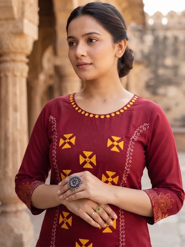 Floral_Embroidered_Pure_Cotton_Round_Neck_Red_Kurta_Trouser_&_Dupatta_Set