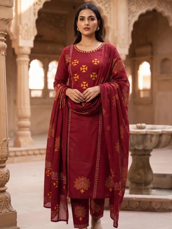 Floral_Embroidered_Pure_Cotton_Round_Neck_Red_Kurta_Trouser_&_Dupatta_Set