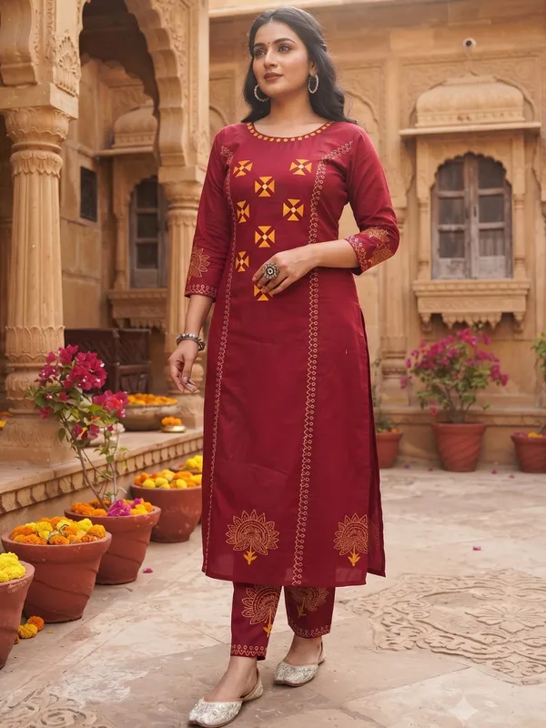 Floral_Embroidered_Pure_Cotton_Round_Neck_Red_Kurta_Trouser_&_Dupatta_Set