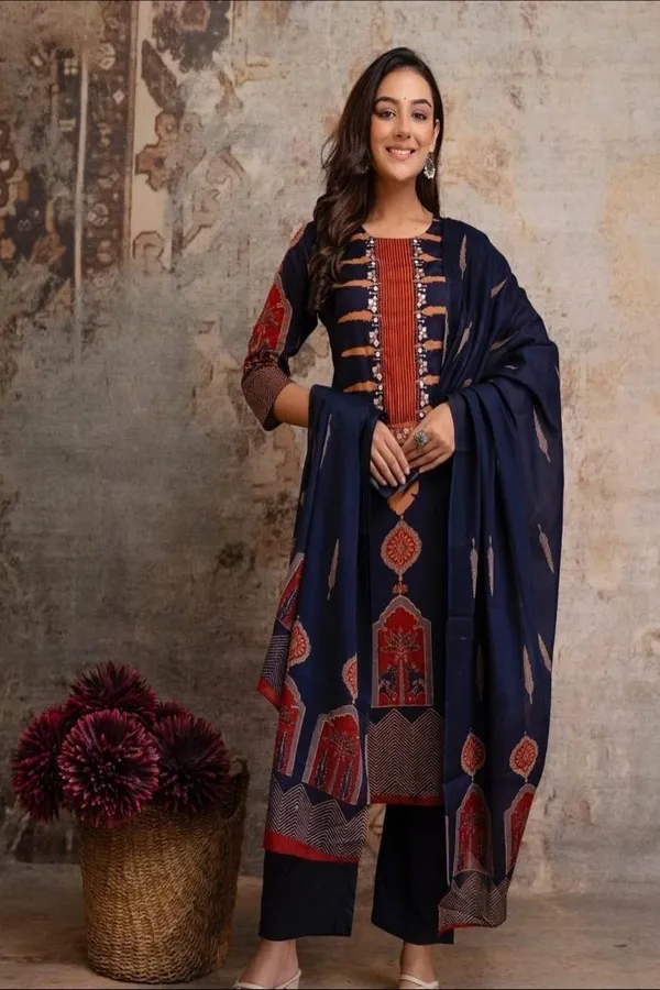 Floral_Embroidered_Pure_Cotton_Round_Neck_Kurta_Trouser_&_Dupatta_Set