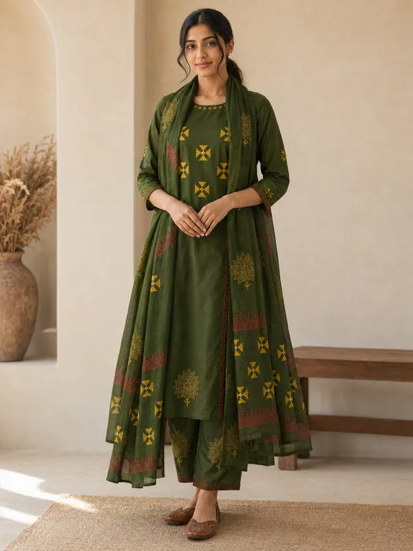 Floral_Printed_Pure_Cotton_Round_Neck_Kurta_Trouser_&_Dupatta_Set