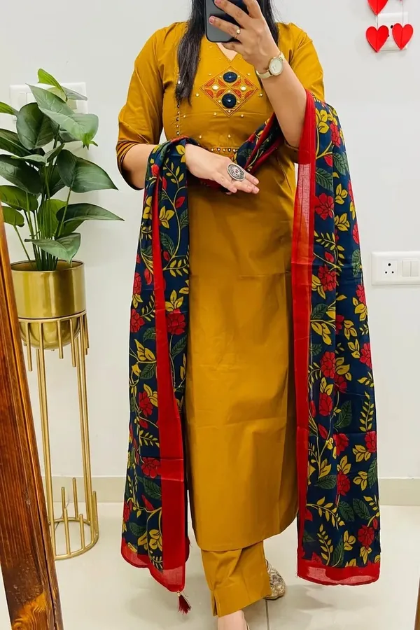 Floral_Embroidered_Pure_Cotton_V_Neck_Kurta_Trouser_&_Dupatta_Set