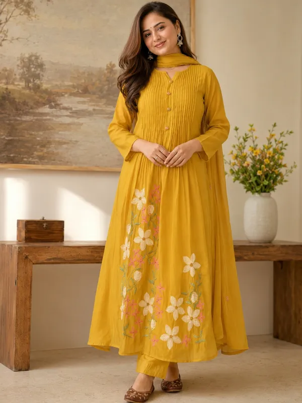 Floral_Embroidered_Pure_Cotton_Yellow_Kurta_Trouser_&_Dupatta_Set
