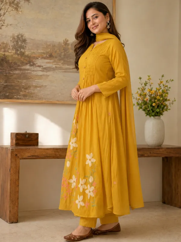 Floral_Embroidered_Pure_Cotton_Yellow_Kurta_Trouser_&_Dupatta_Set