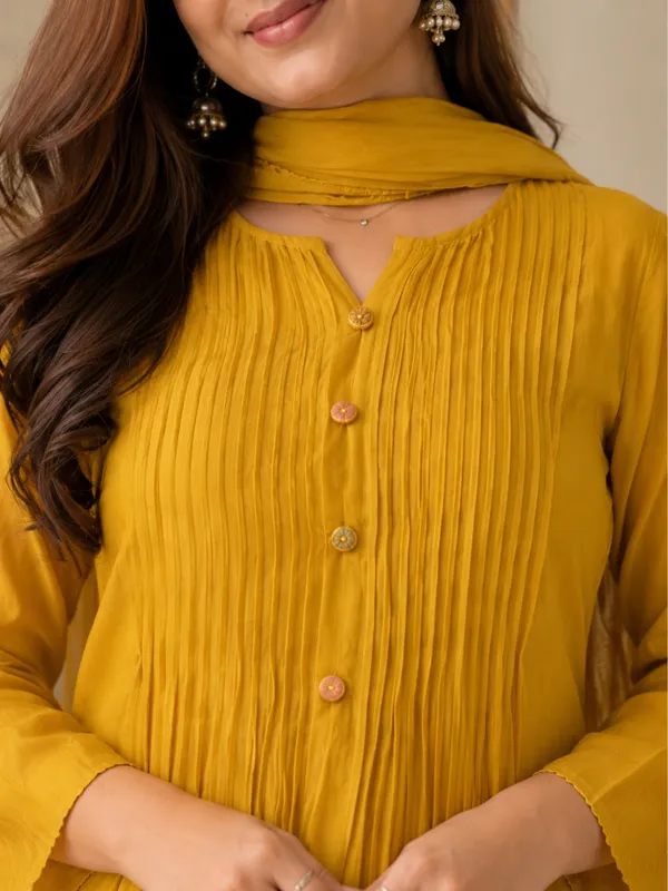 Floral_Embroidered_Pure_Cotton_Yellow_Kurta_Trouser_&_Dupatta_Set