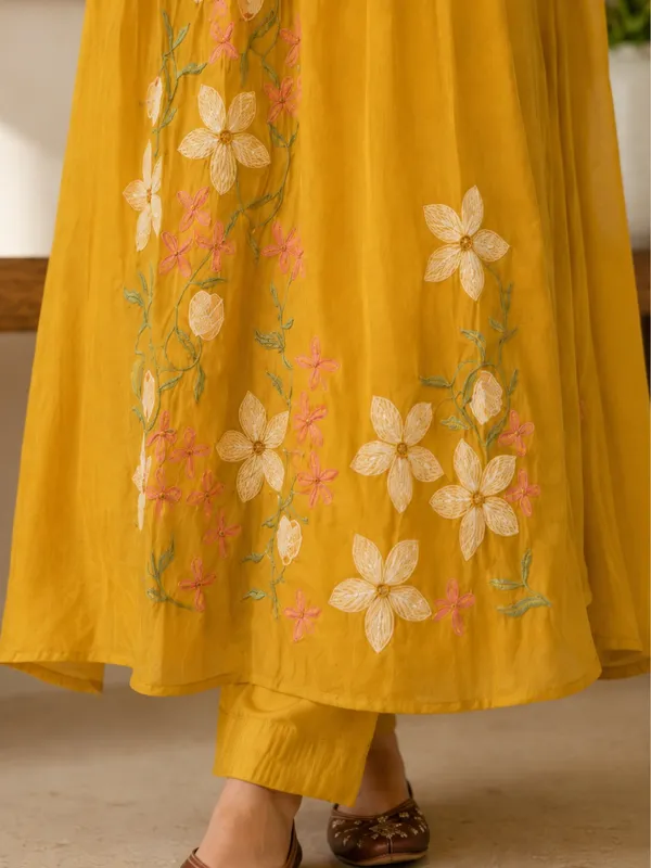 Floral_Embroidered_Pure_Cotton_Yellow_Kurta_Trouser_&_Dupatta_Set