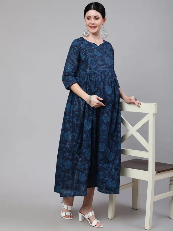 Navy_Blue_Pure_Cotton_Printed_Maternity_Dress_For_Women