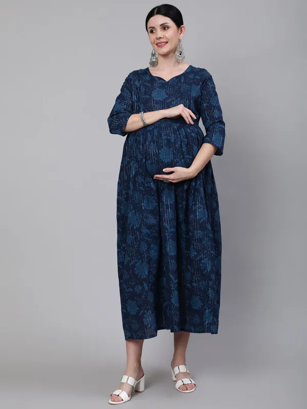 Navy_Blue_Pure_Cotton_Printed_Maternity_Dress_For_Women
