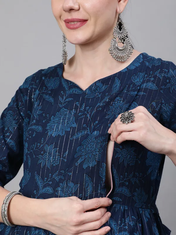 Navy_Blue_Pure_Cotton_Printed_Maternity_Dress_For_Women