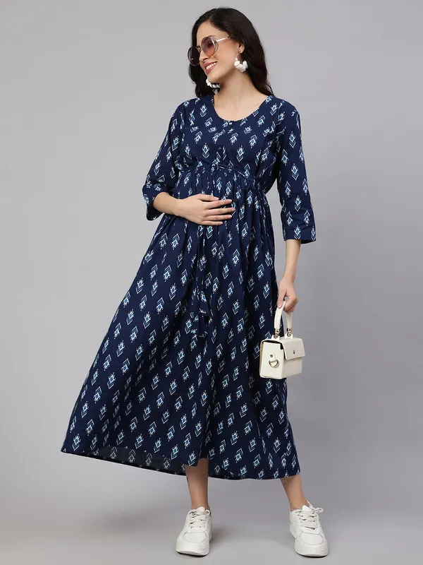 Blue_Pure_Cotton_Printed_Maternity_Dress_For_Women