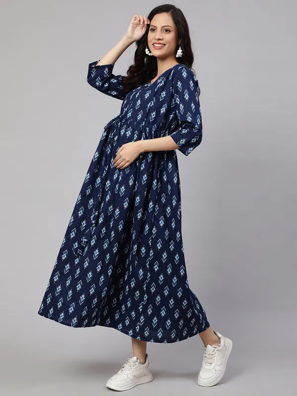 Blue_Pure_Cotton_Printed_Maternity_Dress_For_Women