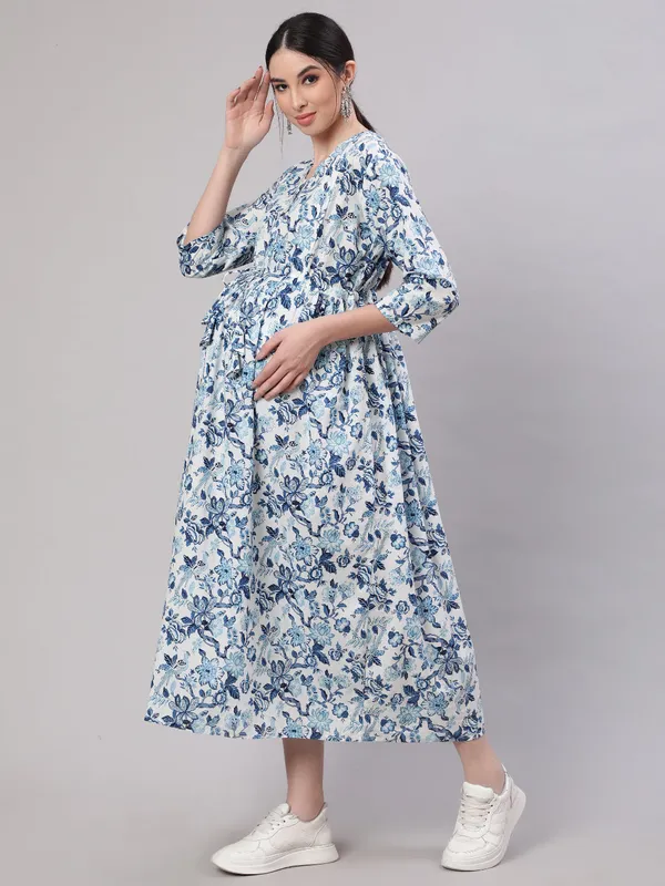 Off_White_Pure_Cotton_Printed_Maternity_Dress_For_Women