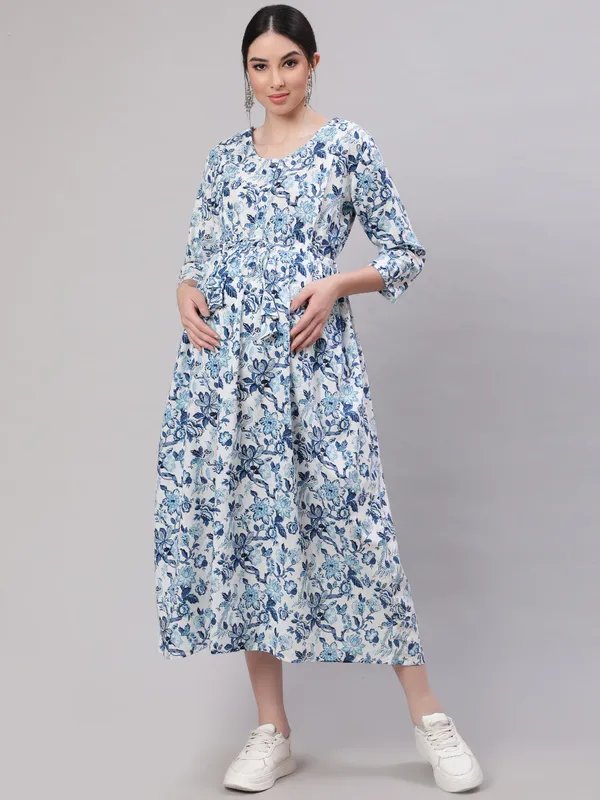 Off_White_Pure_Cotton_Printed_Maternity_Dress_For_Women