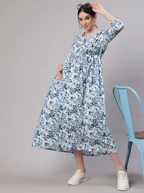 Off_White_Pure_Cotton_Printed_Maternity_Dress_For_Women