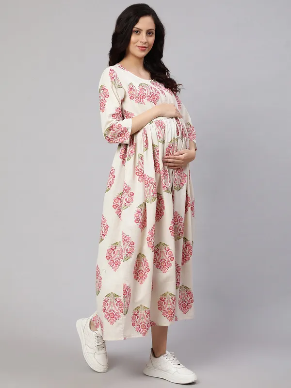 Off_White_Pure_Cotton_Printed_Maternity_Dress_For_Women