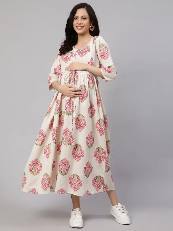 Off_White_Pure_Cotton_Printed_Maternity_Dress_For_Women