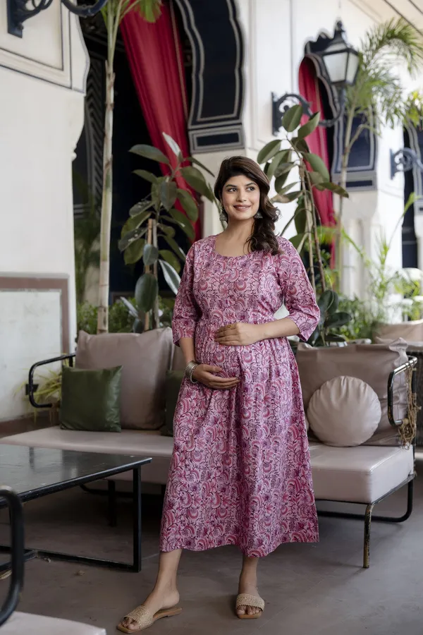 Lavender_Pure_Cotton_Printed_Maternity_Dress_For_Women