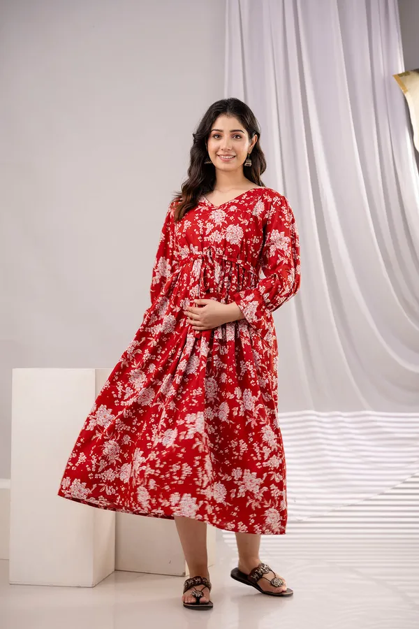 Red_Pure_Cotton_Printed_Maternity_Dress_For_Women