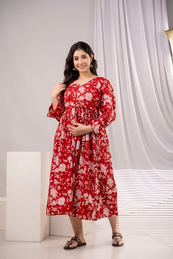 Red_Pure_Cotton_Printed_Maternity_Dress_For_Women