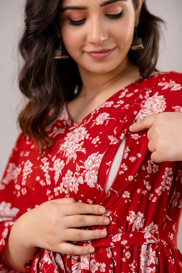 Red_Pure_Cotton_Printed_Maternity_Dress_For_Women