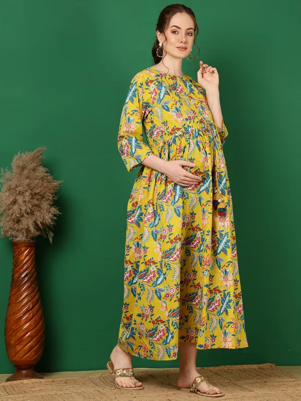 Yellow_Pure_Cotton_Printed_Maternity_Dress_For_Women