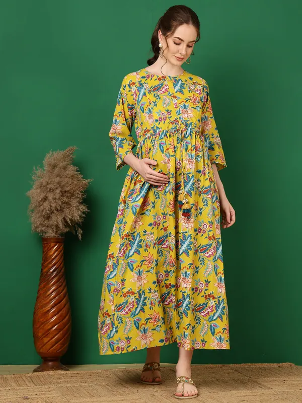 Yellow_Pure_Cotton_Printed_Maternity_Dress_For_Women