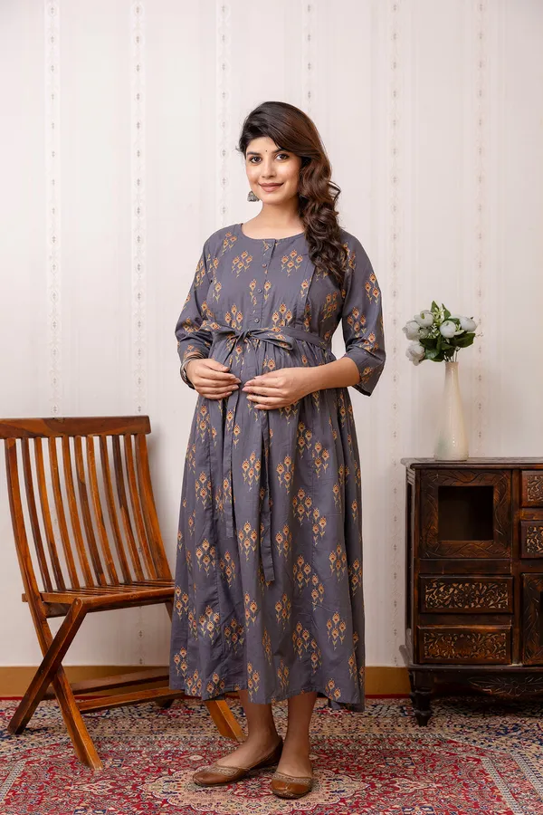 Grey_Pure_Cotton_Printed_Maternity_Dress_For_Women