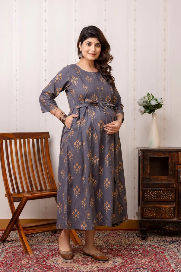 Grey_Pure_Cotton_Printed_Maternity_Dress_For_Women