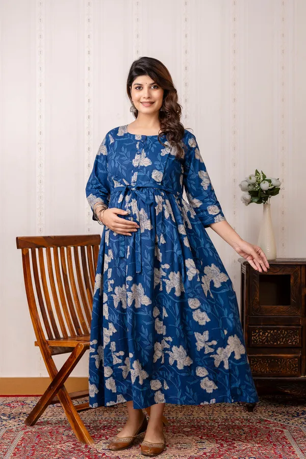 Blue_Pure_Cotton_Printed_Maternity_Dress_For_Women